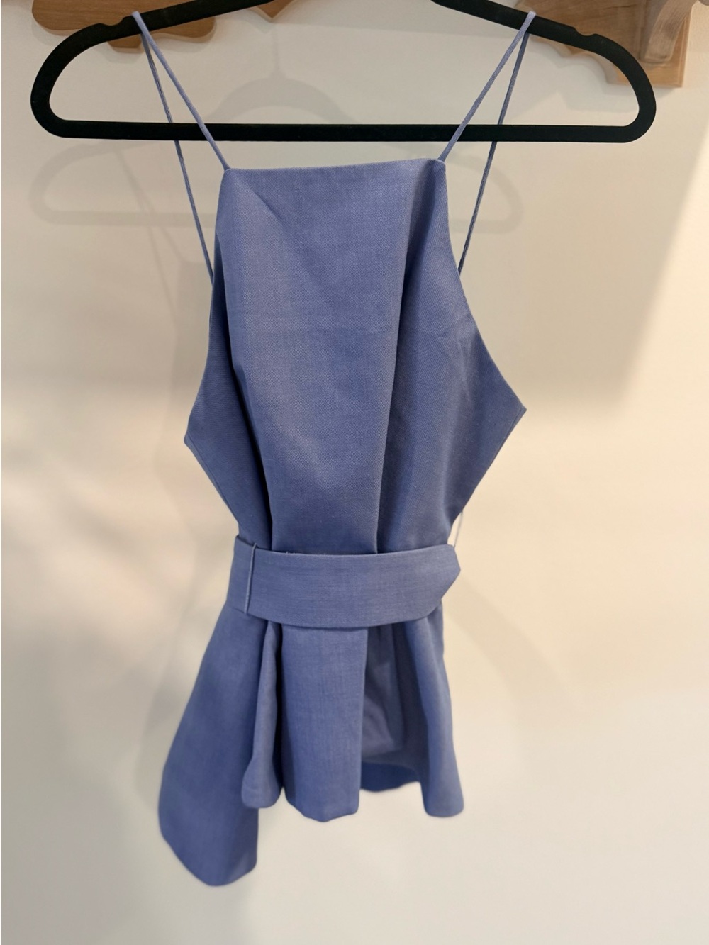 C/MEO Collective Periwinkle Blue Spaghetti-Strap peplum top- Waist Sash